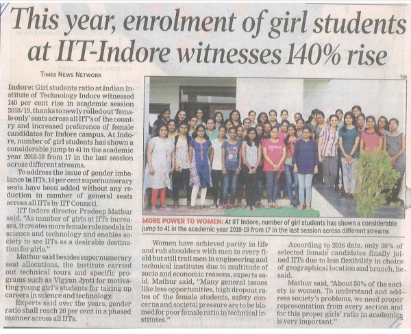 This year, enrolment of girls students at IIT-Indore withnesses 140% rise